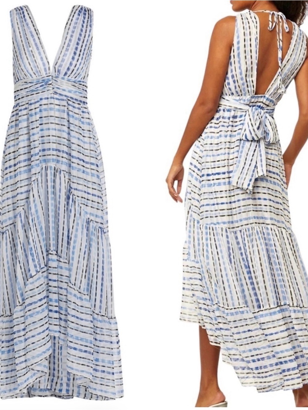 Misa Los Angeles Blue and White Striped V-Neck Maxi Dress Size Small NWT
